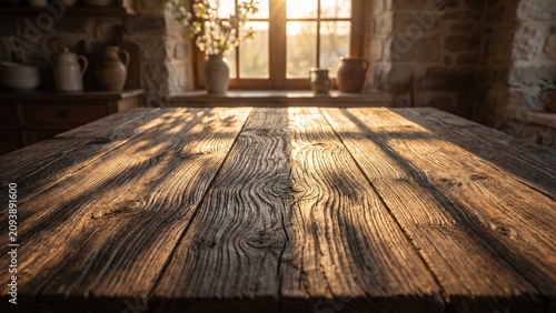 Rustic farmhouse wooden tabletop with warm natural light and authentic oak texture. Cozy food photography background designed for organic products, homemade recipes, restaurant promotions.