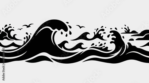 Schilderij op canvas Stylized ocean wave and seabird illustration