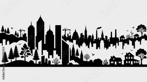 Urban and rural silhouette panorama