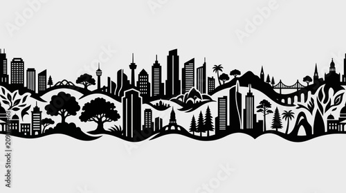 Urban landscape silhouette with nature elements