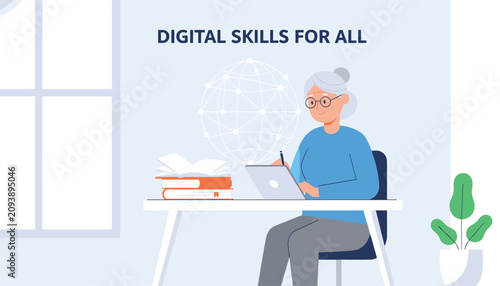 Senior woman using computer tablet for learning digital skills next to books and global network connection graphic.