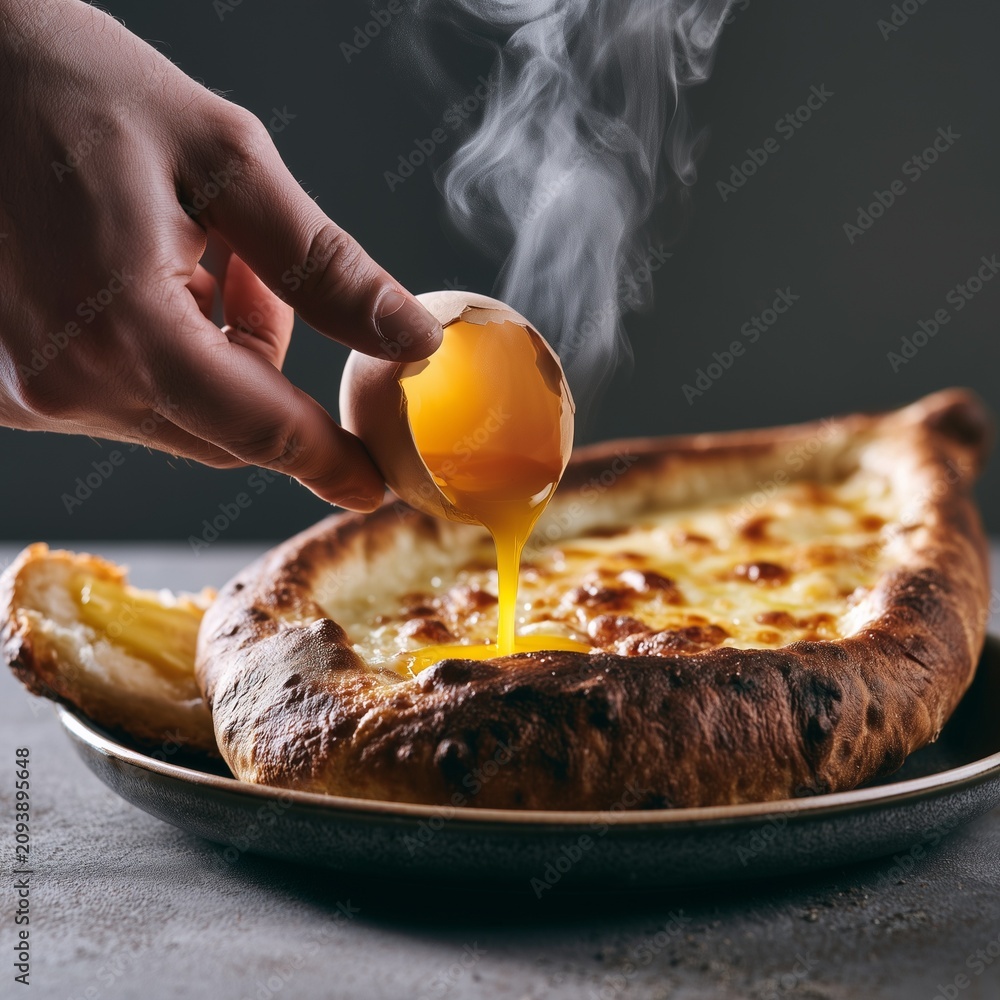 Fototapeta premium Cracked eggshell above khachapuri bread with melted cheese