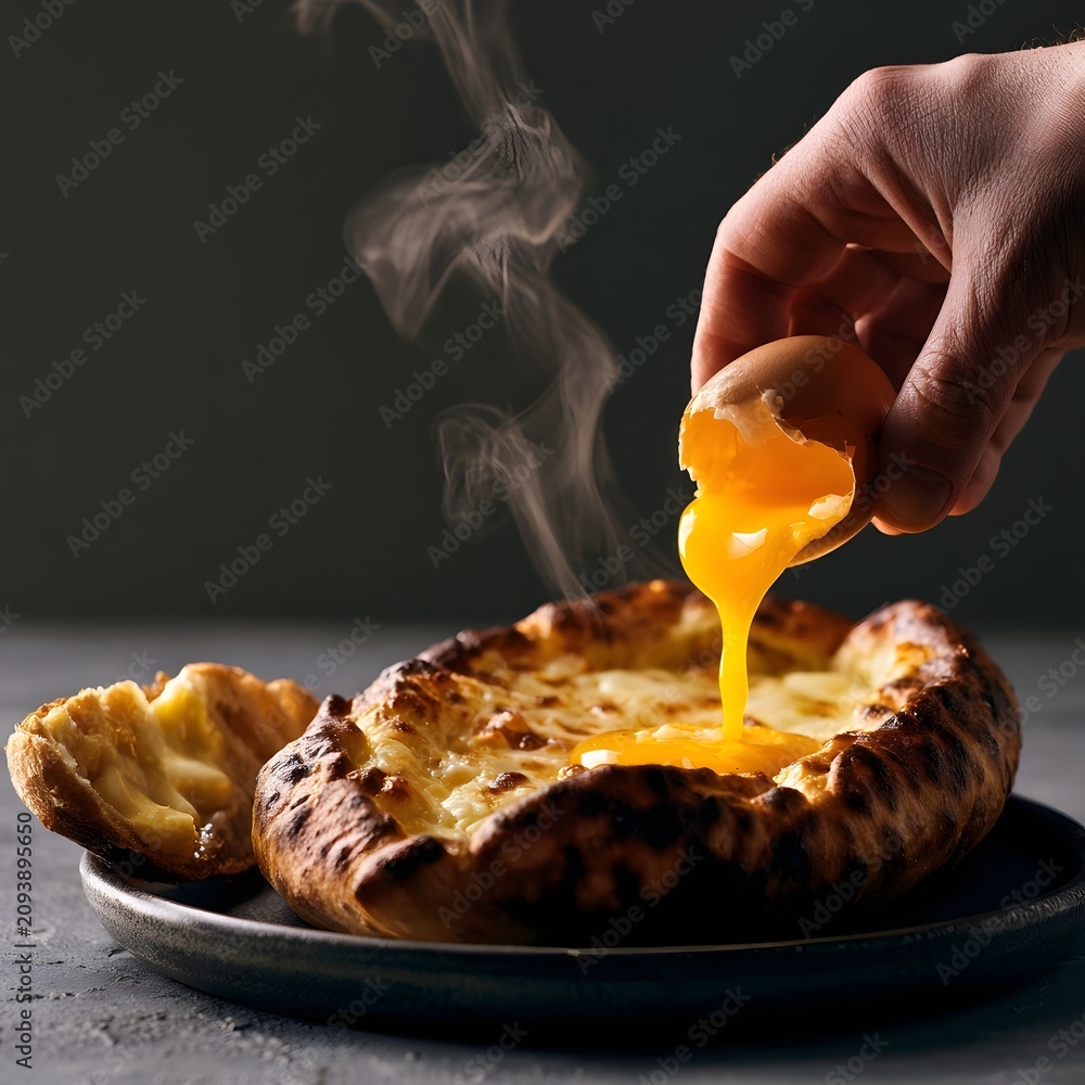 Fototapeta premium Hand cracking egg into cheese-filled Georgian khachapuri boat