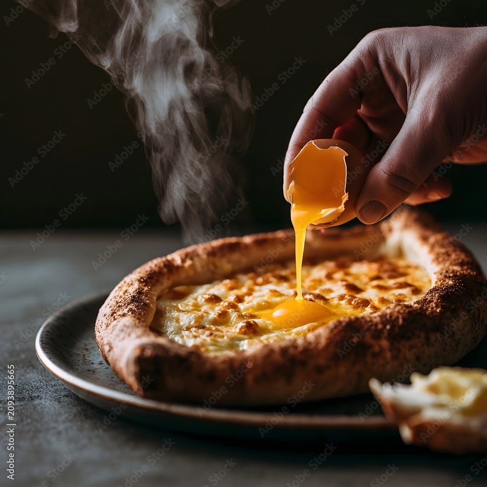 Fototapeta premium Georgian cheese bread boat with raw egg yolk and steam