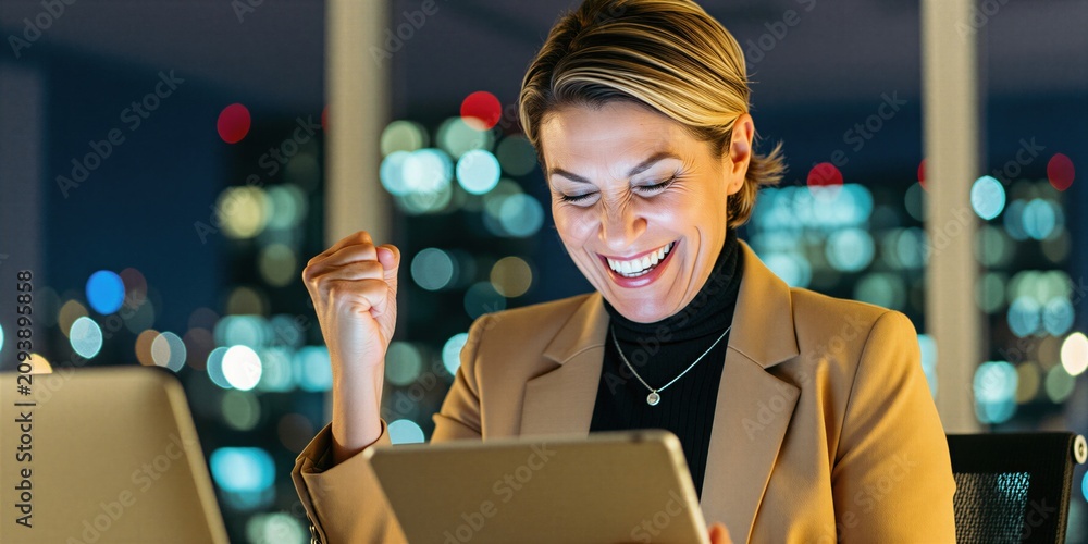 Naklejka premium Happy businesswoman looks at tablet screen, celebrates successful project with fist pump gesture. Excited female pro sits in office during late night hours. Smiling lady gets good news on digital