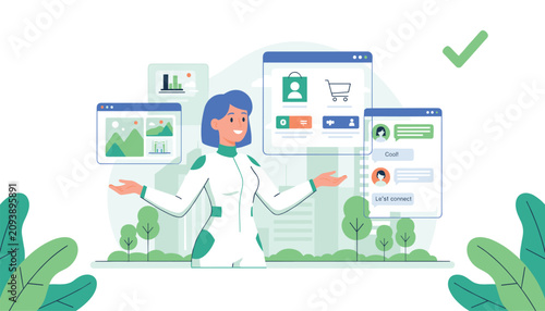 Futuristic female professional managing multiple virtual screen interfaces for e-commerce, charts, and chats.