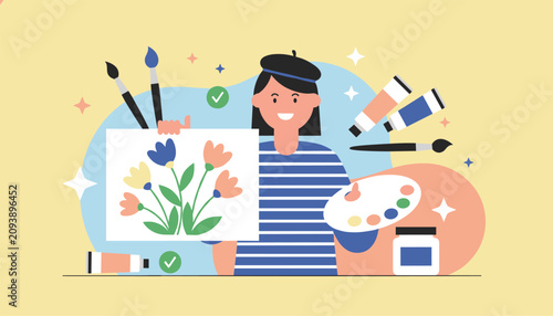 Cheerful female artist presenting her colorful flower painting with paintbrushes and palette on yellow background.