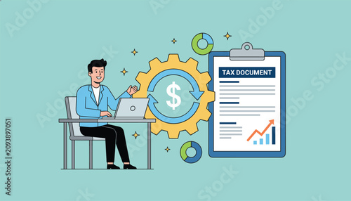 Professional accountant managing tax document online using laptop with financial growth gear and dollar symbol graphics.