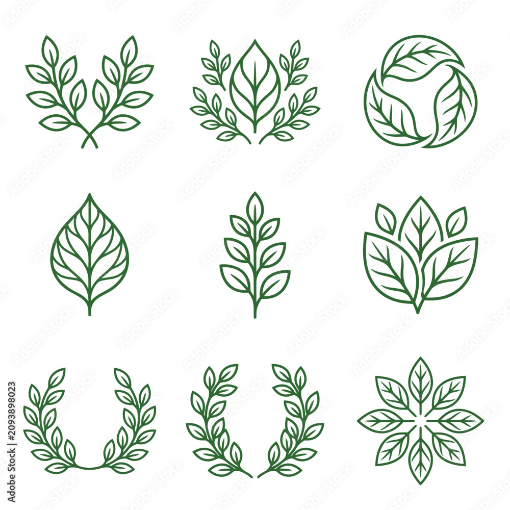 Obraz premium Green leaf symbols and circular wreath icons set.