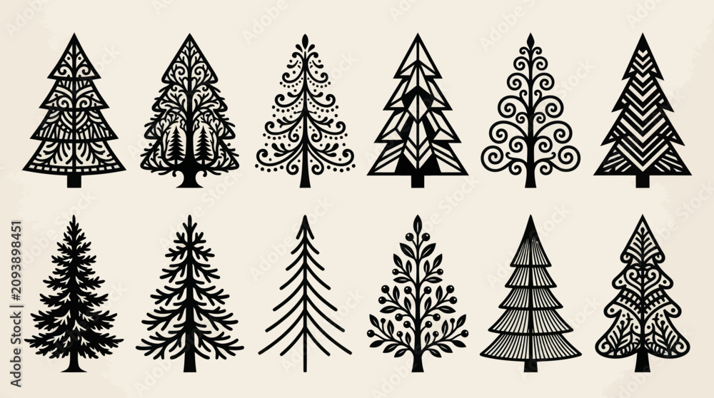 Obraz premium Collection of decorative christmas tree silhouettes