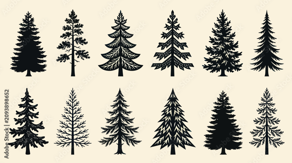 Fototapeta premium Collection of pine tree silhouettes