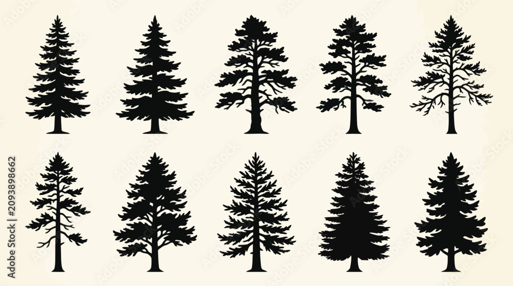 Fototapeta premium Collection of pine tree silhouettes