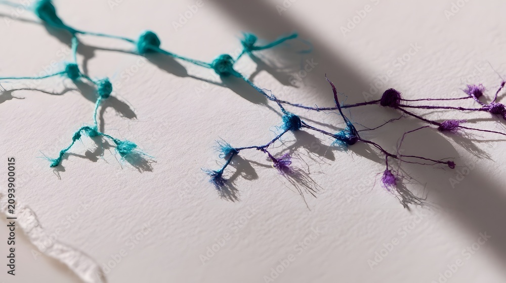 Fototapeta premium Teal to violet embroidery thread on torn paper canvas