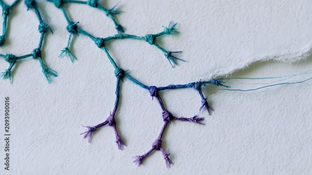 Fototapeta premium Frayed thread knots bleeding teal-violet dye on paper
