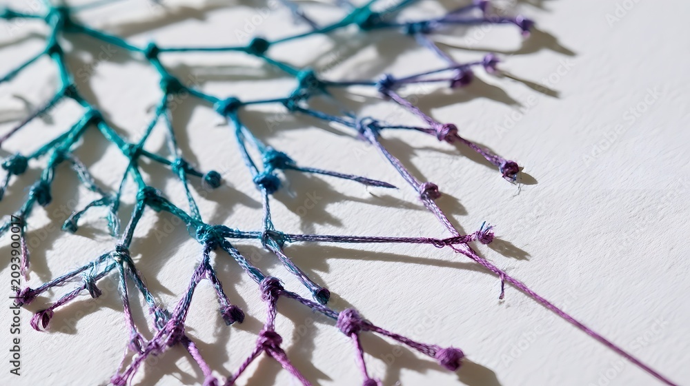 Fototapeta premium Root-like embroidery pattern in teal and violet ombré