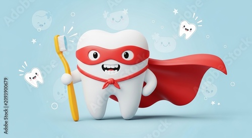 Cute superhero tooth character holding a toothbrush to promote children's oral hygiene and healthy dental care habits