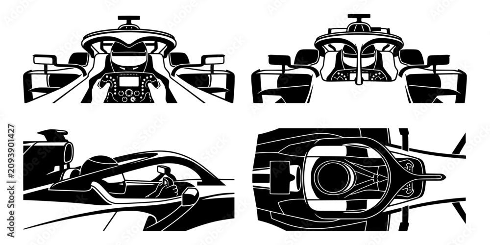 Obraz premium Formula 1 Driver Cockpit Silhouette Set, Racing Car Halo and Steering Wheel Vector Stencils