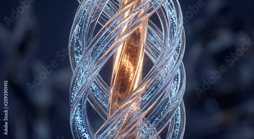 Abstract Macro Render of an Intricate Glass DNA-Inspired Helix Structure with Glowing Inner Golden Core and Blue Light Accents