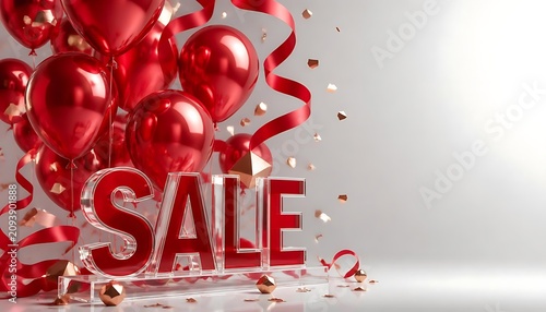 A dynamic retail promotion display featuring a sweeping cluster of glossy ruby-red helium balloons intertwined with sleek crimson ribbon spirals and floating metallic geometric confetti