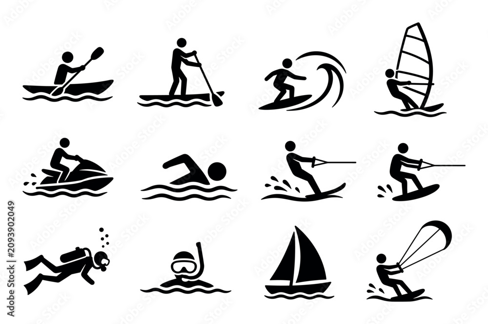 Obraz premium Black silhouette water sports activity icons collection featuring kayaking paddleboarding surfing windsurfing swimming water skiing scuba diving snorkeling sailing and kitesurfing