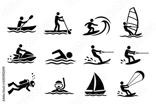 Black silhouette water sports activity icons collection featuring kayaking paddleboarding surfing windsurfing swimming water skiing scuba diving snorkeling sailing and kitesurfing