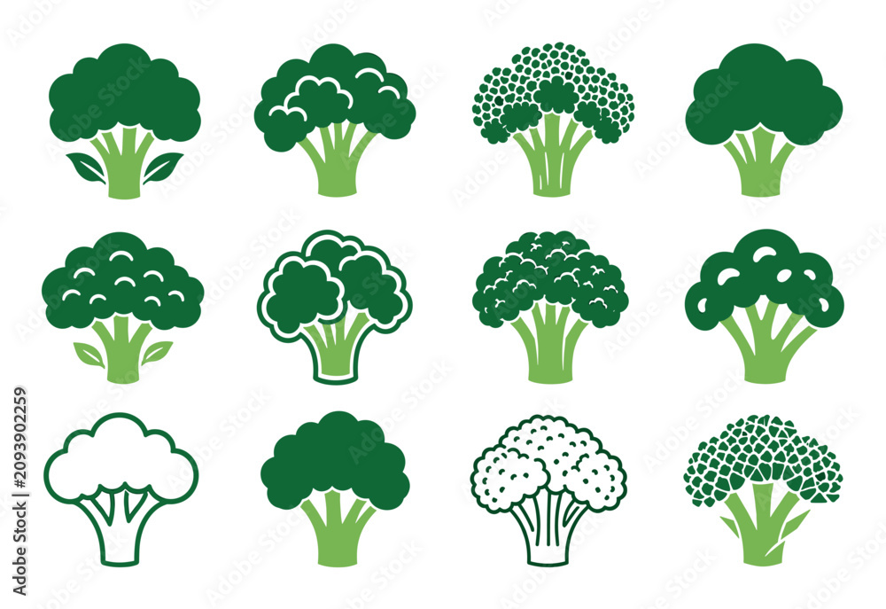 Obraz premium Broccoli icon set of green vegetable symbols representing healthy eating and organic nutrition for culinary designs and vegetarian menus