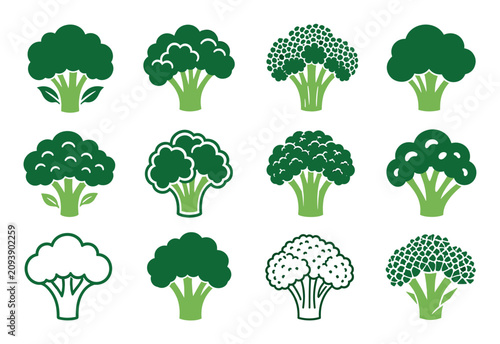 Broccoli icon set of green vegetable symbols representing healthy eating and organic nutrition for culinary designs and vegetarian menus