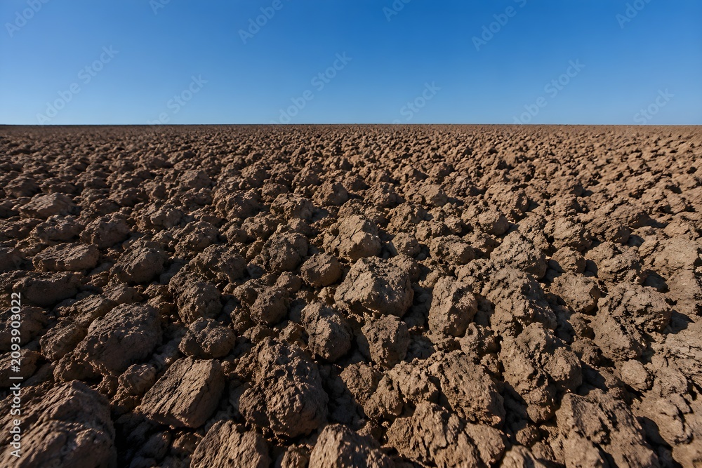 Fototapeta premium Ploughed field completely devoid of moisture dirt clods baked into hard rock lumps