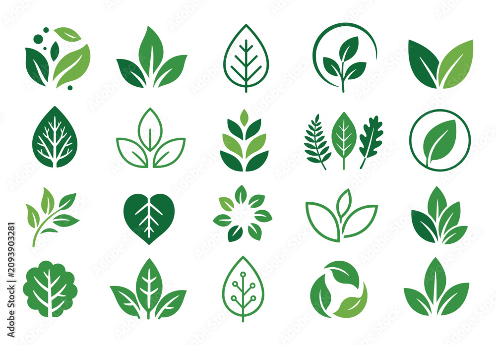 Fototapeta premium Green leaf icons and eco friendly symbols set representing nature, organic growth, environmental conservation, and sustainable lifestyle concepts