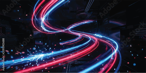 Abstract background featuring glowing blue and red light trails creating dynamic motion streaks abstract technology background movement particle