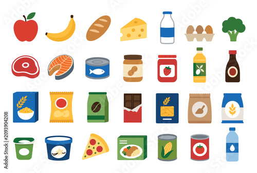 Grocery store food items and pantry staples icons set including fresh produce dairy products canned goods and snacks in a flat vector illustration style