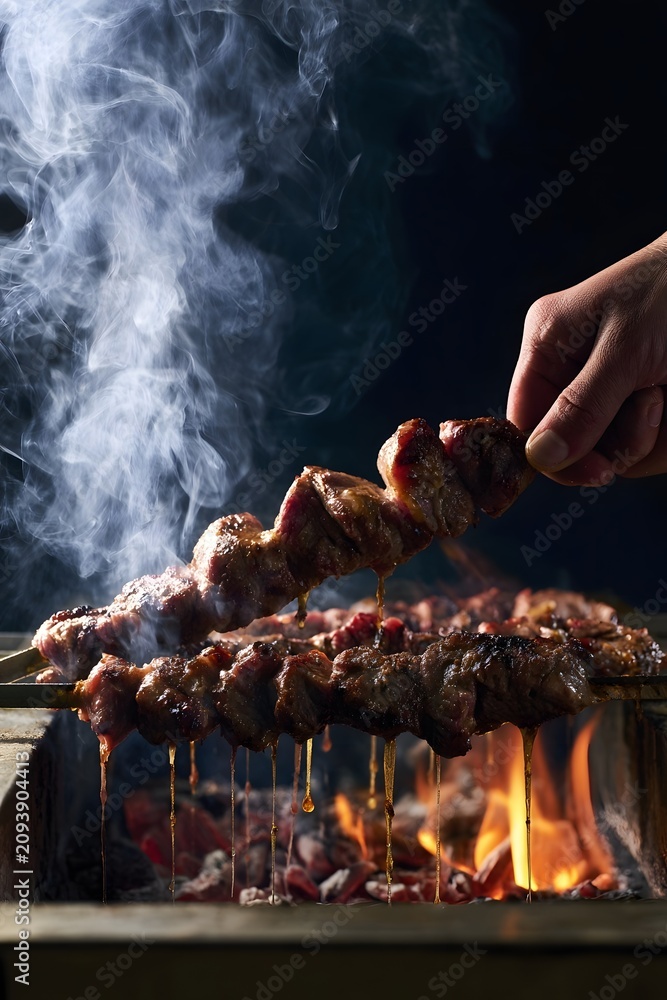 Fototapeta premium Charcoal-grilled lamb kebabs with backlit smoke