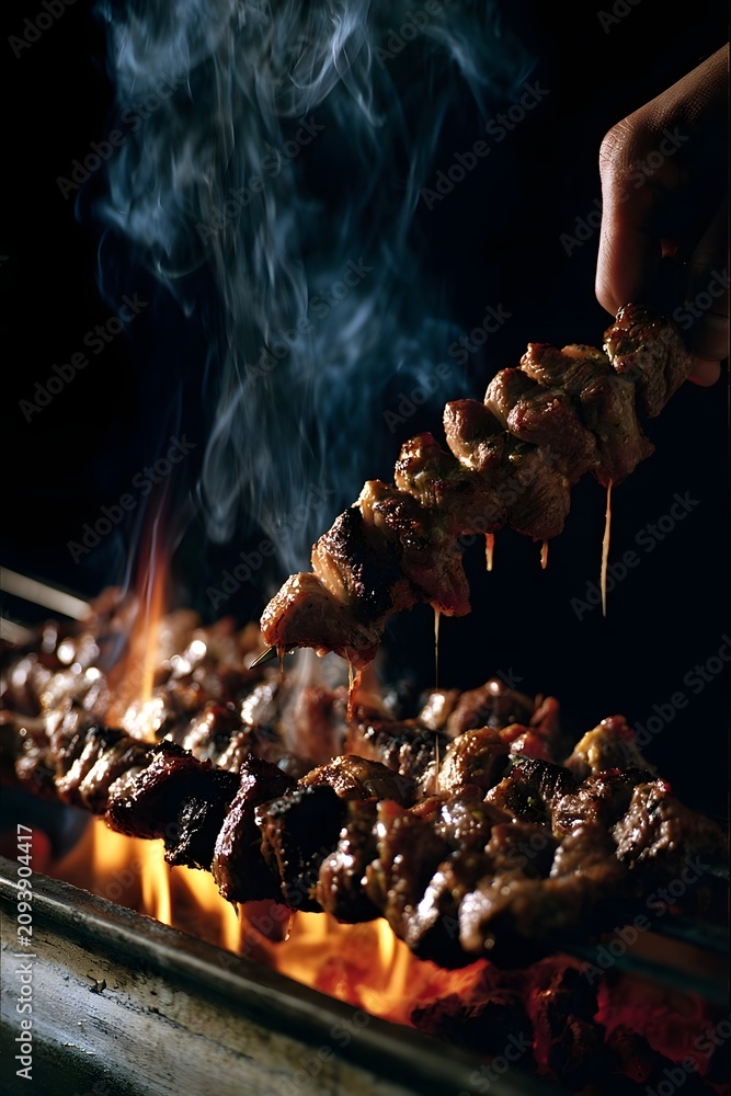 Fototapeta premium Grilled lamb skewers with rendered fat and rising smoke