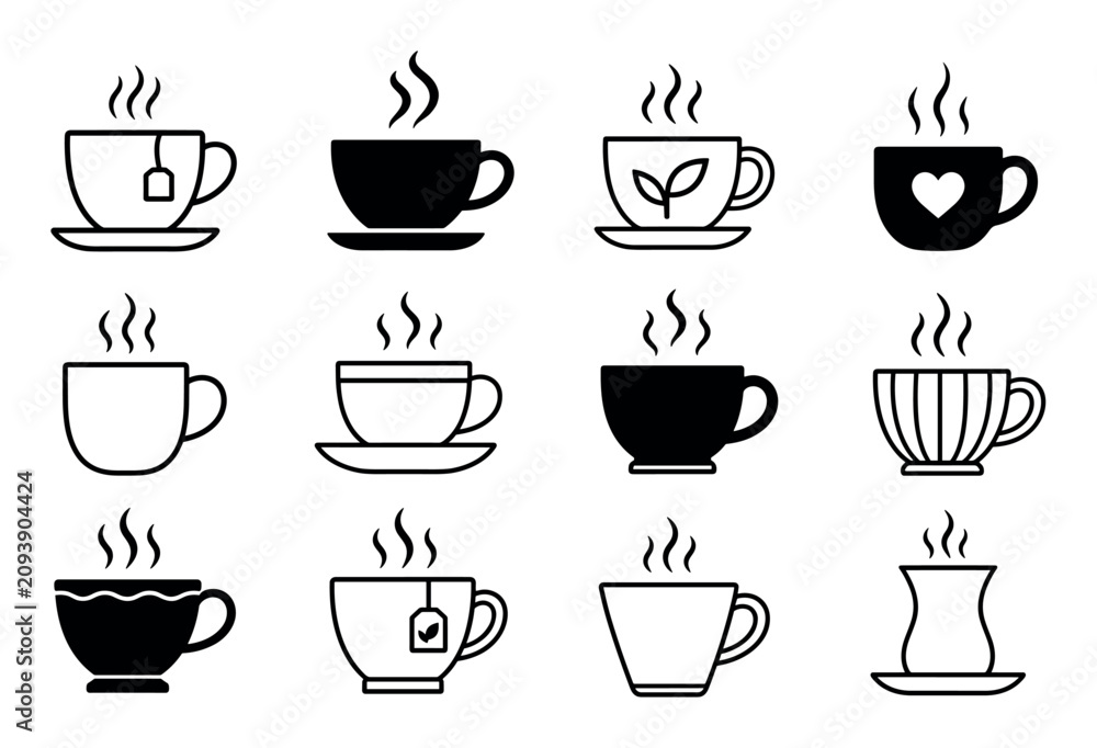 Obraz premium Coffee and tea cup icon set featuring various black and white line art designs of steaming mugs, teacups with saucers, and herbal tea symbols