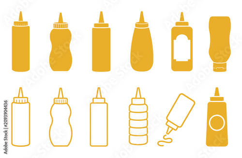 Mustard squeeze bottle icons and outline vectors representing various condiment containers for fast food, barbecue, and kitchen cooking illustration