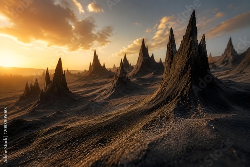 Ash dunes shaped by irradiated winds into sharp unnatural peaks low angle