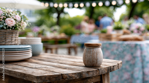 An empty rustic wooden table in the foreground with a bright blurred garden party in the background clean sunny setting for product display table garden party wooden