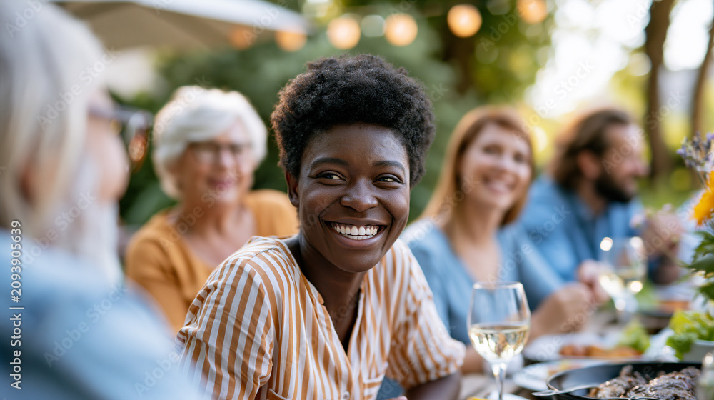 Obraz premium A big group of diverse attractive family and friends of all ages celebrating outside at a bright backyard barbecue gathered at a table having fun conversations faces