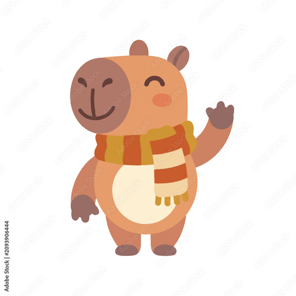 Obraz premium A cute and funny capybara mascot wearing a striped scarf and waving hello with a cheerful expression