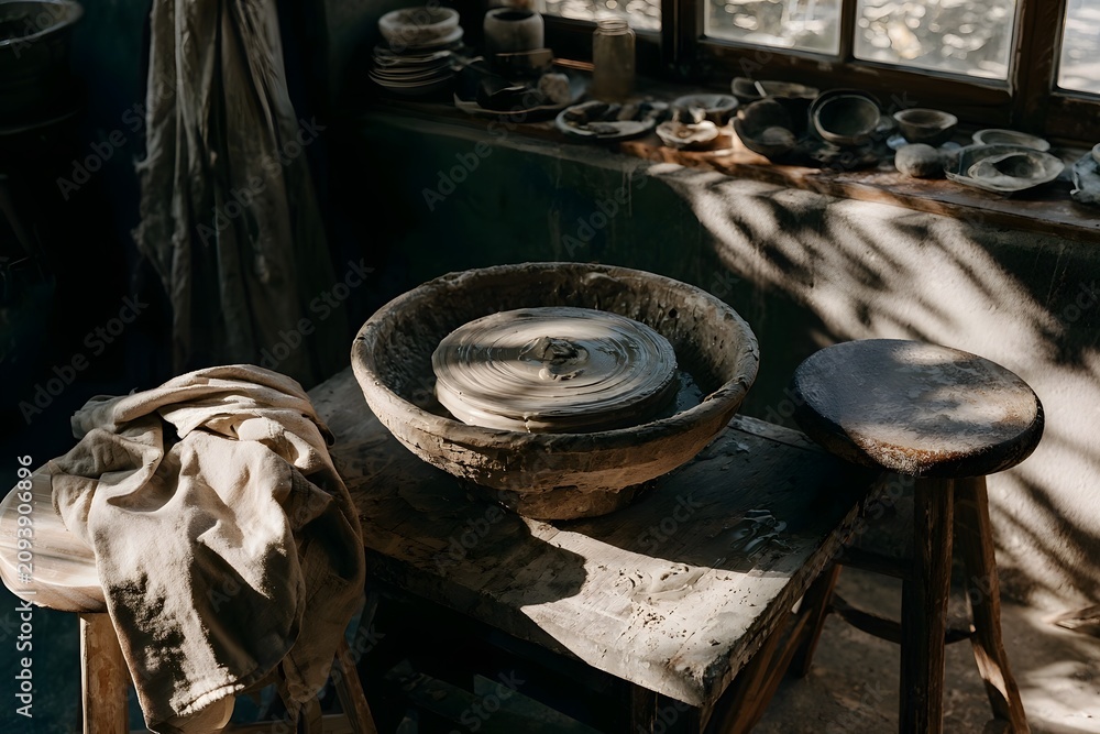 Fototapeta premium Sunlit pottery studio with spinning wheel, scene interrupted