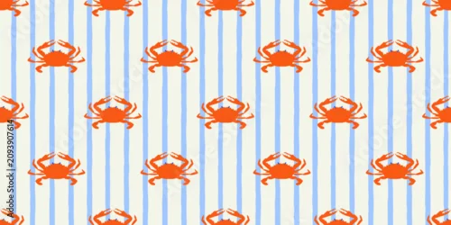 Fototapeta na wymiar Vintage crab seamless pattern. Italian sea food background illustration in hand drawn style. Retro mediterranean beach surface print design, summer vacation texture.