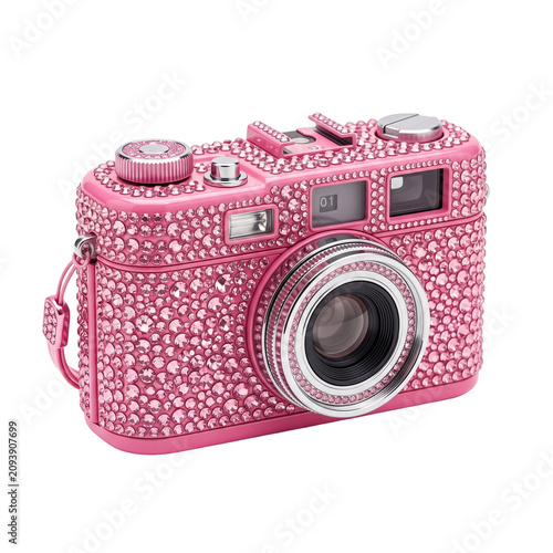 Bedazzled Pink Digital Camera PNG Isolated on Transparent Background with Rhinestones for Photography, Y2K Fashion and Glamorous Designs