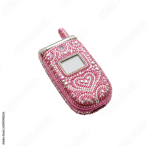 Bedazzled Pink Flip Phone PNG Isolated on Transparent Background with Rhinestones for Retro Technology, Luxury and Glamorous Designs