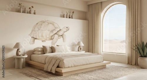 Minimalist bedroom with turtle decor