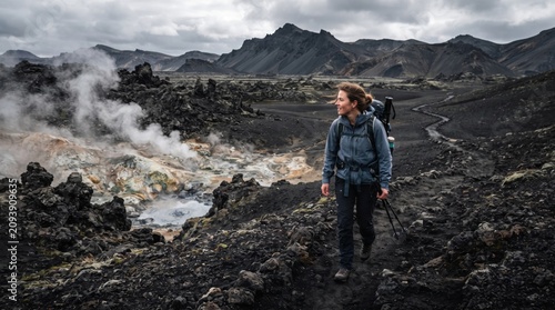 Woman hiking on volcanic landscape path with steam vents in Iceland