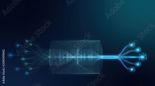 Enterprise compliance data synchronization with distributed system streams passing through a shared review field into governed digital outputs on a dark blue technology banner
