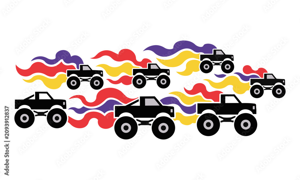 Naklejka premium Stylized monster truck silhouettes racing with vibrant red yellow and purple smoke trails on a white background for a speed and competition concept