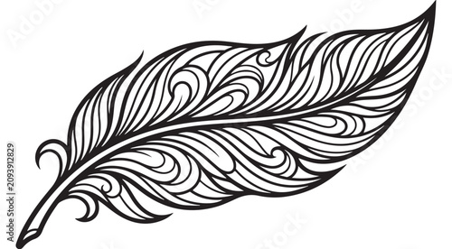 Bild auf Leinwand Stylized feather line art illustration with intricate swirl patterns black and w