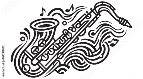 Photography Saxophone vector illustration with musical notes and abstract swirls for jazz mu