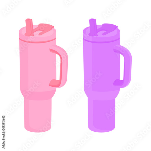 Set of Pink and Purple Insulated Travel Tumblers with Handle and Straw Lid for Hot and Cold Beverages